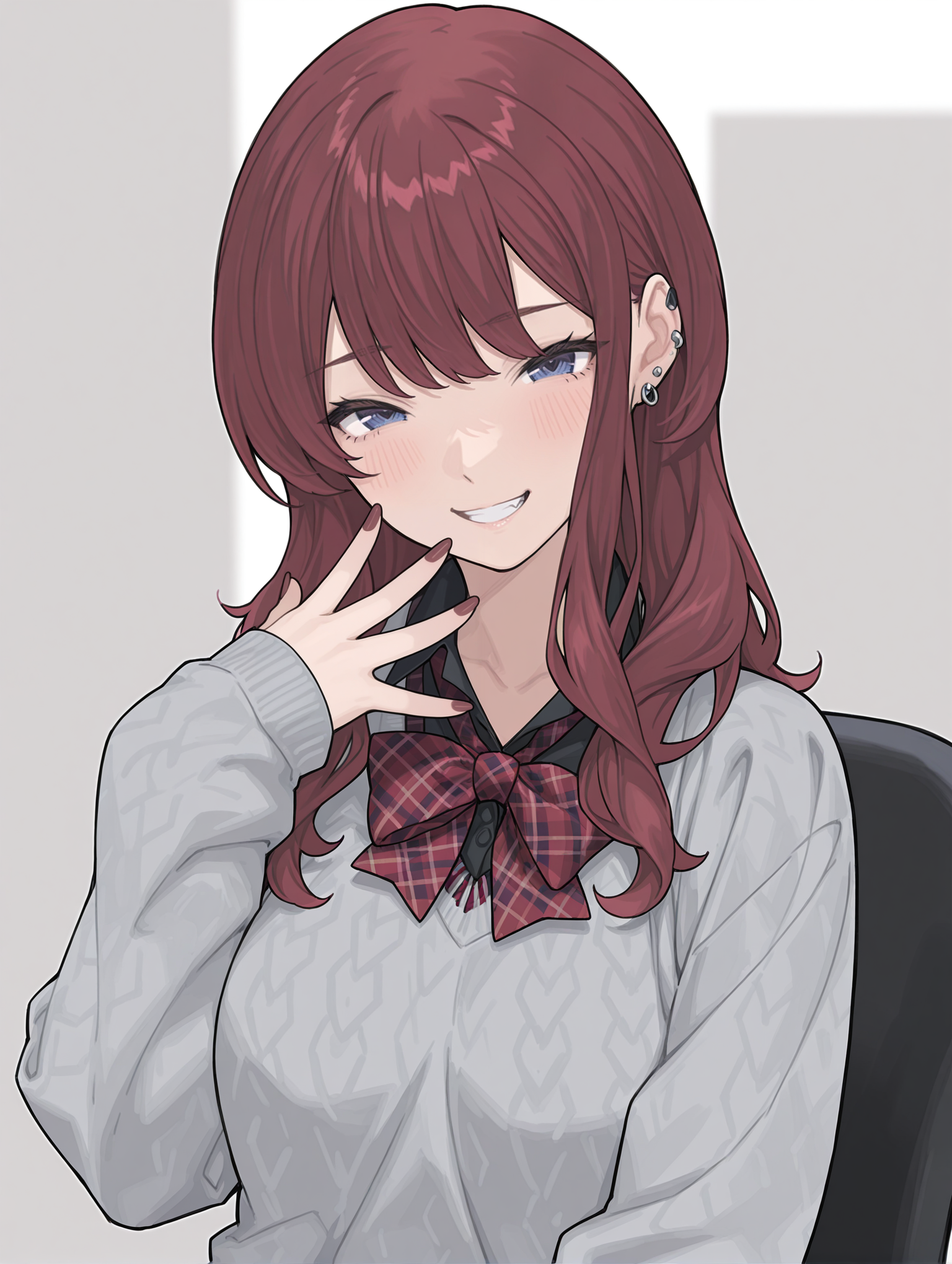masterpiece,best quality,newest,
1girl,solo,
<lora:natsuki-karin_gs_ilxl_v1.2:1>,n_karin,long hair,blue eyes,piercing,red nails,
sg_clothes,grey sweater,red checked bowtie,black shirt,
<lora:Fixhands_anime_bdsqlsz_V1:1>,white_background,simple_background,looking_at_viewer,smile,giggling,upper_body,