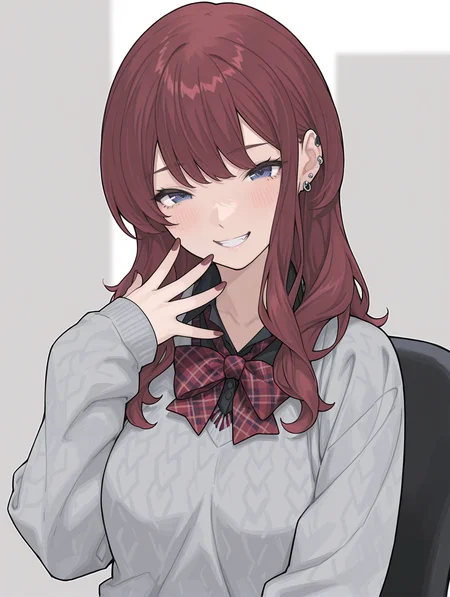 masterpiece,best quality,newest,
1girl,solo,
<lora:natsuki-karin_gs_ilxl_v1.2:1>,n_karin,long hair,blue eyes,piercing,red nails,
sg_clothes,grey sweater,red checked bowtie,black shirt,
<lora:Fixhands_anime_bdsqlsz_V1:1>,white_background,simple_background,looking_at_viewer,smile,giggling,upper_body,