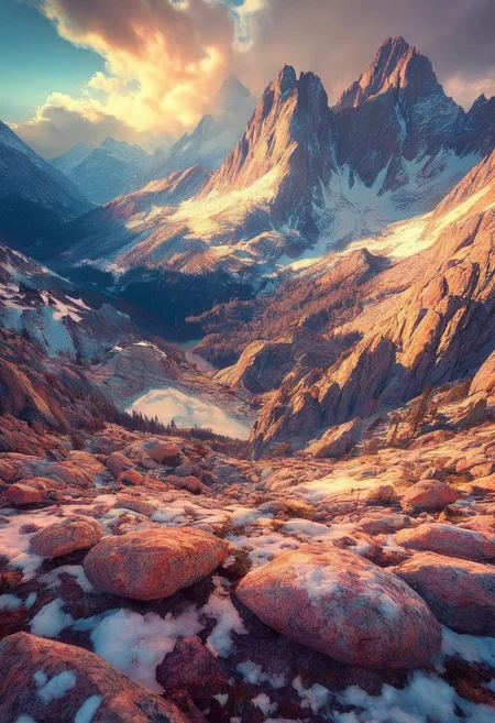 alpine-psychedelic vista, crystalline granite peaks, fractal snow patterns, volumetric light beams, monochromatic reality dissolving into sacred geometry psychedelic ansel adams in color,  harmony, serenity,, best quality, photorealistic, extremely sharp focus, light leaks, unusual colors, abstract multilayer texture, by Abigail Larson , detailmaximizer, midjourneyv6.1,
