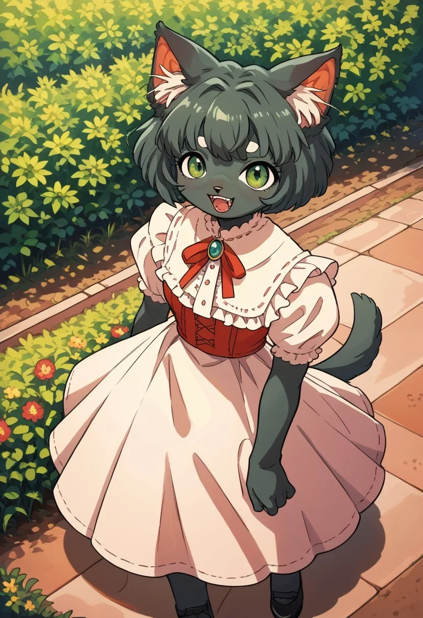 score_9, score_8_up, score_7_up, source anime,
masterpiece, best quality, detailed, amazing quality,
detailed background, park, flowers,
detailed eyes, clean eyes,
dynamic pose, from above,
solo,
easynegative,
furry, cat girl, 1girl, happy, dress, pastel colors, green eyes, gray fur,