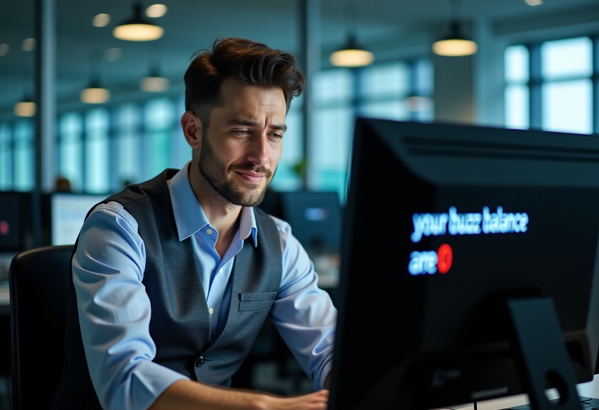 a man  crying, sad feeling, shed tears, when he check his balance in his PC. man wearing haggard suit, in monitor screen displayed text "your buzz balance are 0", background in crowded office, high rise office,large windows, many computer screen,