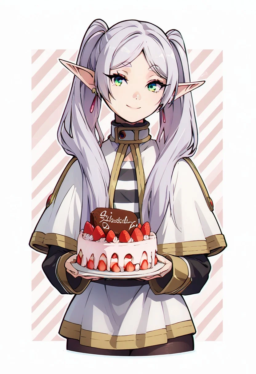 score_9, score_8_up, score_8, medium breasts, (curvy), cute, eyelashes,
zzHoldingCake,
BREAK,
zzFrieren, long hair, twintails, green eyes, grey hair, pointy ears, elf, shirt, long sleeves, jewelry, earrings, striped, capelet, striped shirt, white skirt, black pantyhose,
BREAK,
smile, looking at viewer,
abstract strawberries background, white outline,
zPDXL, Expressiveh