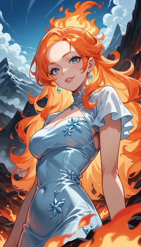 score_9, score_8_up, score_7_up, Anime Style, Portrait, girl, cute, seductive, innocent, light smile:0.3, plump lips, slender body, fire and ice, flaming hair, wild hair, in ice dress, Volcano Background, depth of field, dynamic angle, fashion photography, sharp, hyperdetailed:1.15