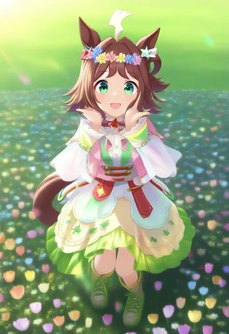 (umamusume, rhein_kraft_(umamusume), horse_ears, horse_girl, tail, 1girl, ahoge, animal_ears,)
casual, field, flower, flower_field, green_eyes, hair_between_eyes, hair_ornament, 
head_wreath, looking_at_viewer,  solo, aesthetic, absurdres, symmetric ,spiralling vortex made of multicoloured tulips, lush foliage sunrise,  ripples, reflective, jaynl-tm, rainbow, , g0ldsw0rthy,
(realistic, photo,  artistic, medium_hair, one_eye_closed, petals, relaxing, smile,  : 0.7)