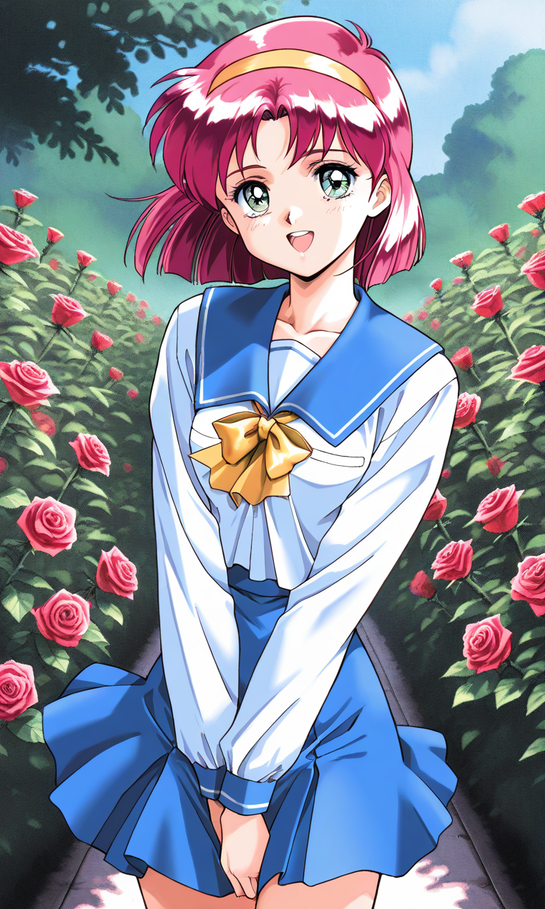 masterpiece, best quality, good quality, <lora:AiShimai_Futari_no_Kajitsu_IS:1> Kitazawa_Tomoko, 1girl, pink hair, Yellow hairband, small breasts, short hair,
serafuku, school uniform, 1girl
1990s (style), happy, v arms,
 cowboy_Shot, looking at viewer,
outdoor, flower, rose,