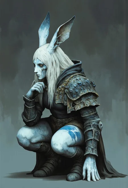 MikeFranchinastyle, Surreal art, d4artstyle, d4concept, , made of clay, aidmaMJ6.1, ZBClay model of a gray sculpture, Kentaro Miura, berserk style, ral-mold
a crouching anthropomorphic rabbit character with a blend of fantasy and warrior themes. This character has tall, expressive white rabbit ears and long, flowing platinum blonde hair that frames their intense golden eyes. They wear a dark, intricately detailed outfit with armor-like patterns, blending dark leather with silvery embellishments. Blue markings on their skin accentuate the character's fierce and mystical aura, while patches of darker fur on the cheeks give them a unique appearance.
The attire includes a fitted jacket with silver filigree on the sleeves and shoulders, paired with thigh-high white stockings and sturdy, clawed boots. The character's posture is contemplative, with one hand supporting their chin, enhancing their mysterious and introspective demeanor. The overall color palette features soft whites, deep grays, and metallic highlights, suggesting a character who is both graceful and powerful.
Background solid color with a faded dimly lit, black-covered darkness tone that emphasizes its silhouette. The medium is not a traditional painting or illustrative medium like watercolor or ink but rather a digital rendering, eerie and unsettling.