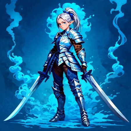 score_9, score_8_up, score_7_up, (((whole corps))) solo female, ( long blue ponytail)) ((blue eyes)), elf ears, ((( blue smoke background))), ((silver and black heavy armor)), anime style, (((one visible long swords in each hand))), freckle, looking at viewer, ((full body)),light skin, ((((best quality))))