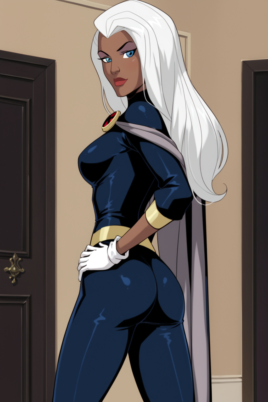 PonyXLV6_Scores BREAK ((parody), perfect anatomy, perfect eyes, cowboy shot), <lora:add_details_xl:1> BREAK BREAK <lora:Storm_-_X-Men_Evolution:1> ororo munroe, dark-skinned female, long hair, white hair, blue eyes, makeup, lipstick, flirting, raised eyebrow, ((looking back at viewer)), cape, brooch, bodysuit, white gloves, large breasts, curvy, toned, athletic, standing, sexually suggestive pose, hands on hip, indoors