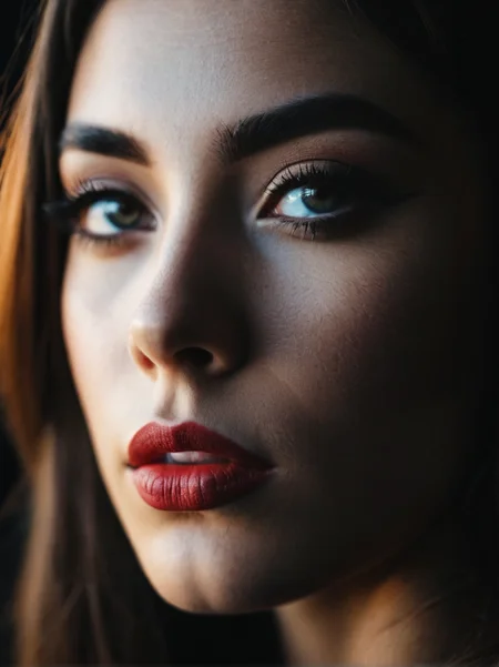 A dynamic cinematic photograph of Anna_Bianchi_P_MXAI_SDXL , intense expression, extreme closeup shot, black background,, SK_CINEMATIC, ziprealism