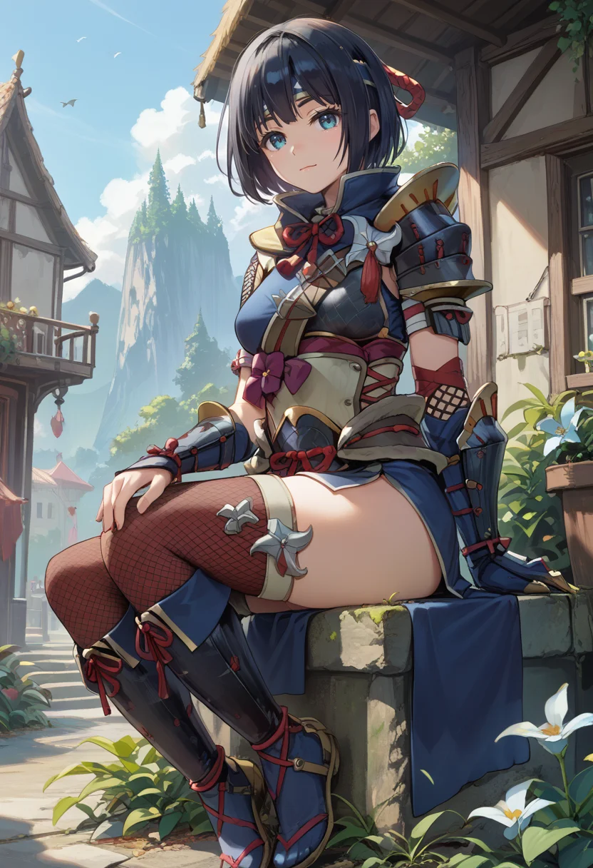 (score_9:0.9),score_8_up,score_7_up,rating_safe,(zPDXL),<lora:kamura armor ponyXL v1:0.76>,1girl, black hair, blue headband, short hair, sitting, fishnet thighhighs, looking at viewer, solo, blue gauntlets, blue scarf, village,medium breasts, closed mouth, full body, kamura armor, blue knee boots, black shoulder armor
