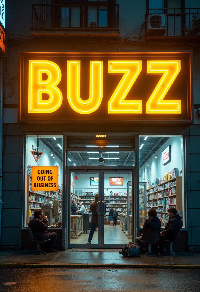 A large, vibrant yellow neon sign that reads "BUZZ" is displayed outside a futuristic store with a cyberpunk aesthetic. The main entrance has a large sign that says "Going out of Business" and people outside are sitting on the ground, expressing frustration and concern.
