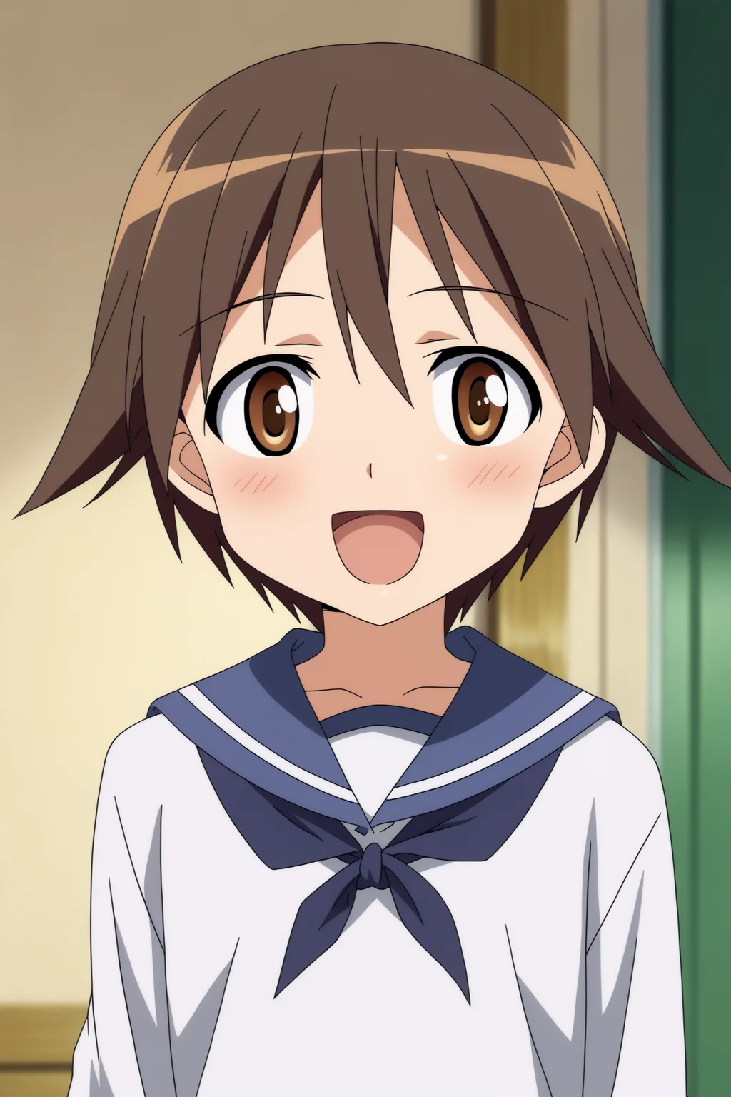 Yoshika_Miyafuji, anime coloring, flat shadows, upper body, happy <lora:Strike_Witches-Yoshika_Miyafuji-PDXL-s1:0.8>