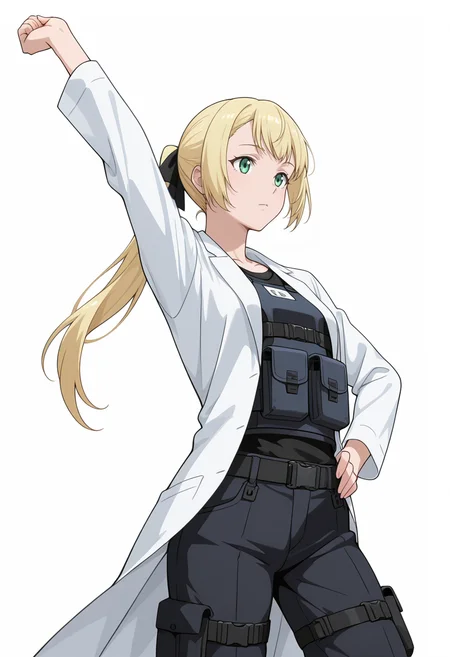 Smooth Quality,masterpiece,very intricate, high quality details, ultra realistic, high detailed skin,detailed enviorement,absurdres,
simple background, white background, 
dynamic angle,stretching, one arm raised, other on hip, slight side bend, relaxed body,  ,guilt,
lab coat,  ,tactical vest,  ,jogger pants,  ,
 <lora:Rituscnn:0.8> rituscnn, 1girl, blonde hair, green eyes, long hair, ponytail,