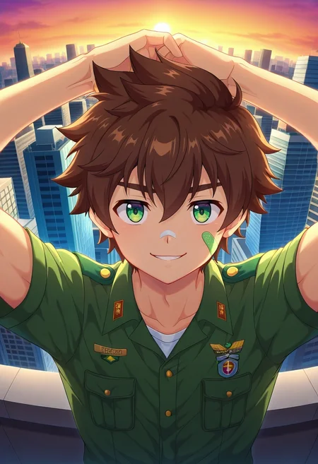 masterpiece, best quality, intricate details, anime screencap, anime coloring, official style, looking at viewer, , 1boy, solo, male focus, <lora:keitaro_nagame_ilxl:0.9>, keitaro_nagame, brown hair, green eyes, short hair, bandaid on face, uniform, straight-on, rooftop, tokyo \(city\), building, skyscraper, indoors, arms above head, naughty smile, joggers, homburg
