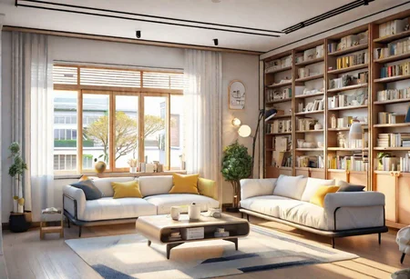front view, anime-style, modern-style interior, with white walls and large windows, Nordic-style furniture, a  study, Sofa, coffee table, bookcase, single wall, 
warm light morning sun, (the view of the city)