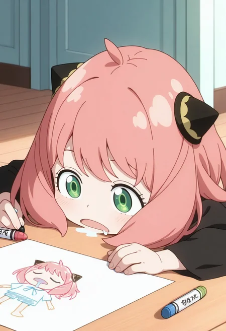 masterpiece,best quality,amazing quality, anya forger, pink hair, female child, child, green eyes, medium hair, 1girl, sleeping, crayon, solo, drooling, drawing, child drawing, open mouth, marker