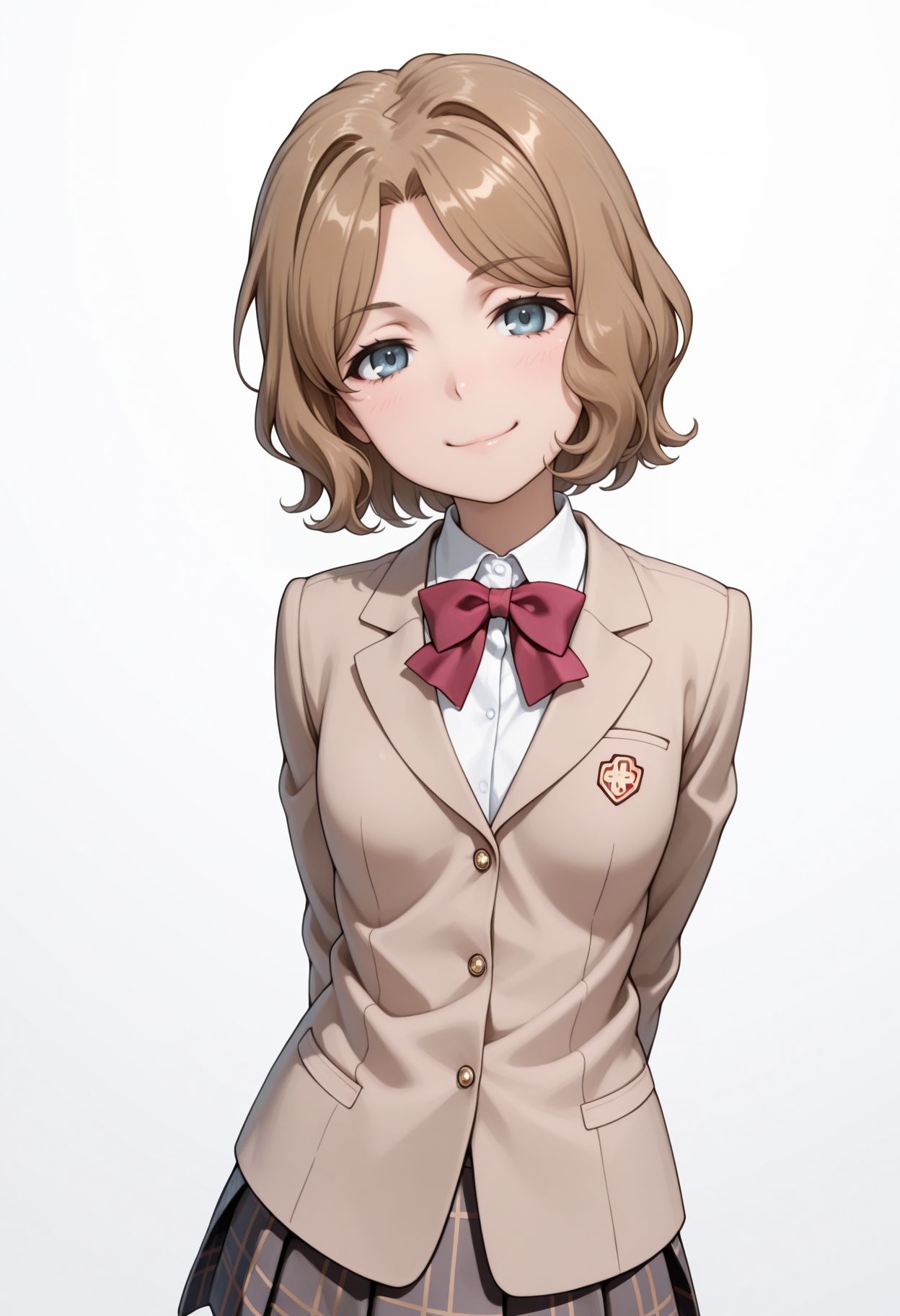 masterpiece,best quality,absurdres,highres,very aesthetic,high quality,detailed,insanely detailed,beautiful, arms behind back, smile, upper body, looking at viewer, solo, simple background, white background
 <lora:Wannai Kinuho illu:1> 1girl, brown hair, short hair, blue eyes,  tokiwadai school uniform, winter uniform, red bowtie, brown jacket, dress shirt, white shirt, collared shirt, long sleeves, plaid skirt, pleated skirt, miniskirt,