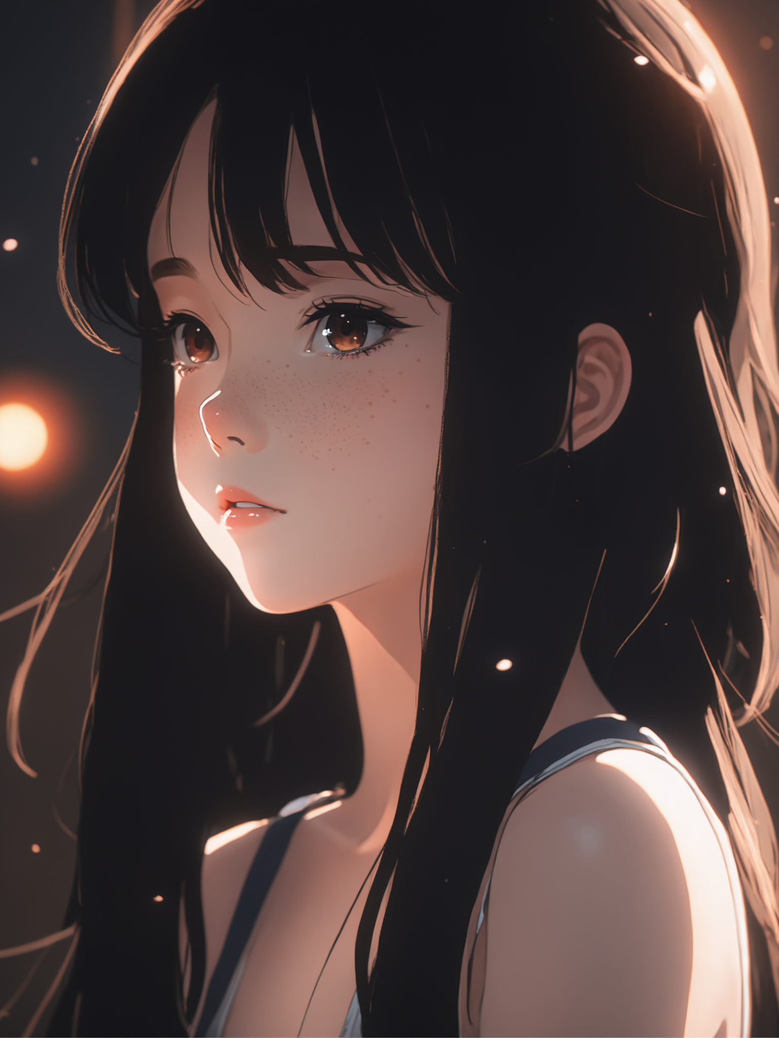 beautiful age 18 girl, (anime screencap), black hair, freckles, sexy, beautiful,  dslr, 8k, 4k, natural skin, textured skin, pixiv, depth of field, cinematic compotision, best lighting,
