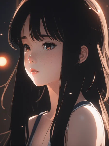beautiful age 18 girl, (anime screencap), black hair, freckles, sexy, beautiful, dslr, 8k, 4k, natural skin, textured skin, pixiv, depth of field, cinematic compotision, best lighting,