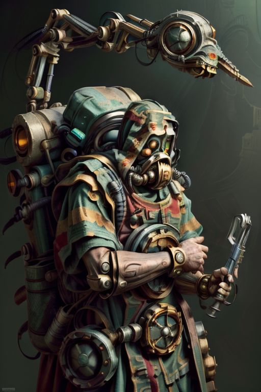 ((masterpiece,best quality)), absurdres, BREAK
mechanical arms, robes, hood, BREAK
((techpriest)), cyborg, mechanical face, mechanical limbs, gas mask, mechanical tentacles, (mechanical backpack), green cloak, BREAK
1other, solo, holding gun, weapon, gun, firearm, BREAK
(ZonaiAI),