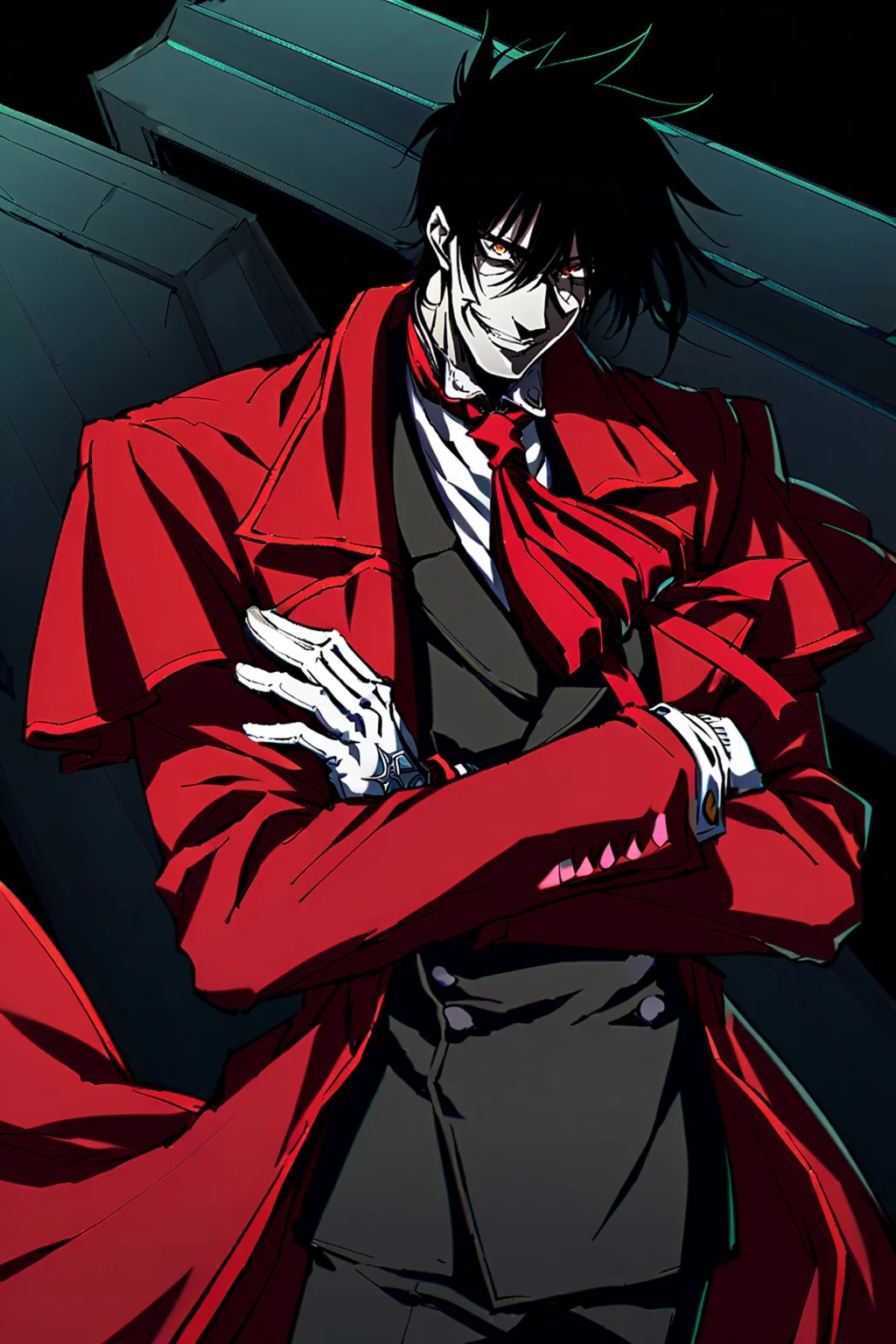 score_9, score_8_up, score_7_up, BREAK 1boy, solo, male focus, BREAK alucard \(hellsing\), red eyes, black hair, red coat, red ascot, black pants, black shirt, open mouth, grin, pale skin, white gloves, BREAK dark, coffin, casket, crossed arms, cowboy shot, looking at viewer, <lora:ALUCARD:1>,