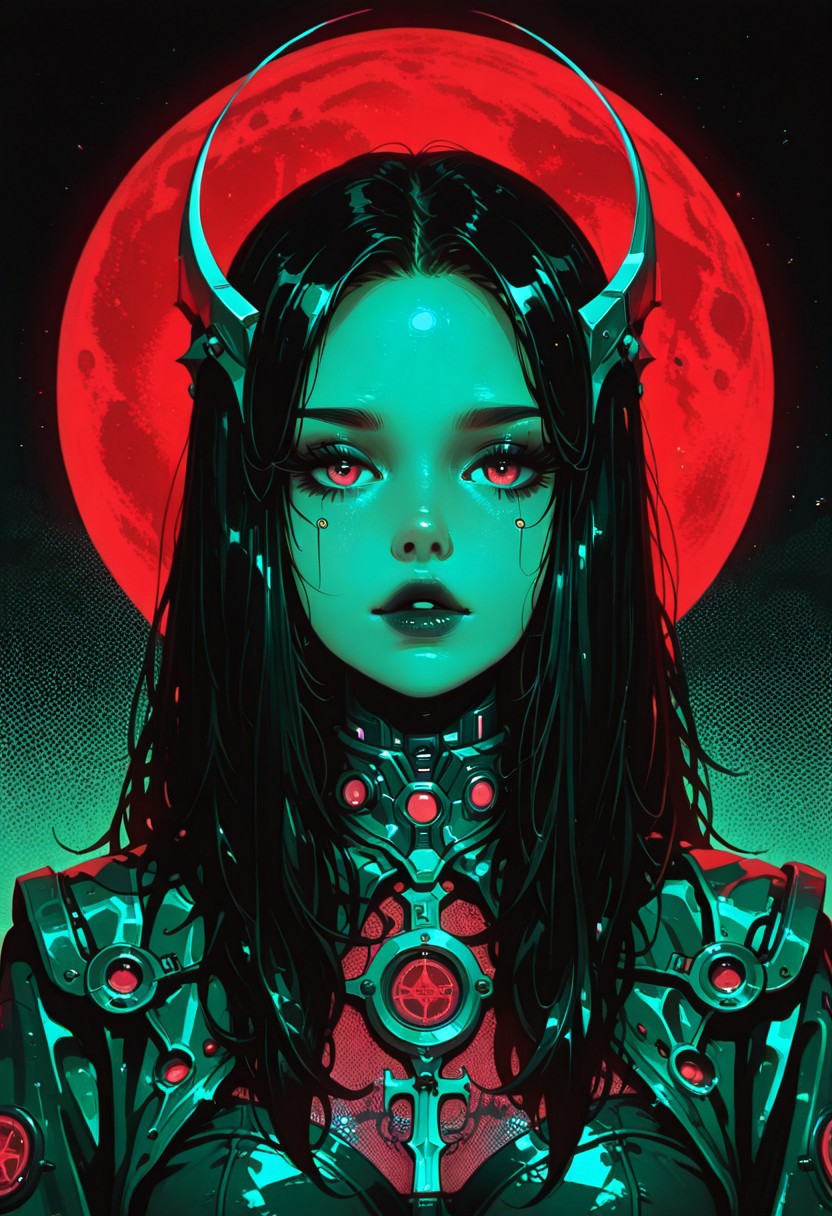 artist:moriimee, in the style of cksc, in the style of cknc,(((full-length shot)));NSWF,(A sexy (Celtic queen) with long black hair),in an active vulgar pose,dressed in green and red.In the background are gray clouds under a full moon,decorated with Celtic patterns,science fiction,cyberpunk,1980s style,(mechanical details:0.5),feminine style,furs,portrait,dark theme,glow,neon,saturated,high contrast,halftone effect,(harsh textures:1.3),(chromatic aberration:1.3),female focus