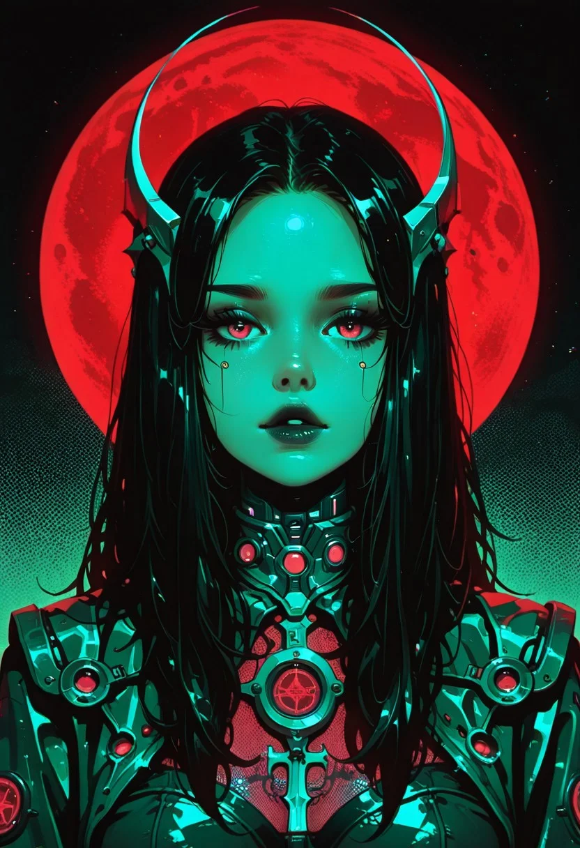 artist:moriimee, in the style of cksc, in the style of cknc,(((full-length shot)));NSWF,(A sexy (Celtic queen) with long black hair),in an active vulgar pose,dressed in green and red.In the background are gray clouds under a full moon,decorated with Celtic patterns,science fiction,cyberpunk,1980s style,(mechanical details:0.5),feminine style,furs,portrait,dark theme,glow,neon,saturated,high contrast,halftone effect,(harsh textures:1.3),(chromatic aberration:1.3),female focus