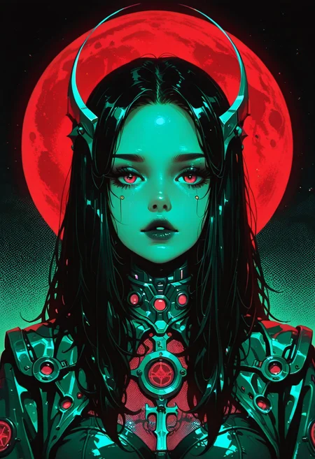 artist:moriimee, in the style of cksc, in the style of cknc,(((full-length shot)));NSWF,(A sexy (Celtic queen) with long black hair),in an active vulgar pose,dressed in green and red.In the background are gray clouds under a full moon,decorated with Celtic patterns,science fiction,cyberpunk,1980s style,(mechanical details:0.5),feminine style,furs,portrait,dark theme,glow,neon,saturated,high contrast,halftone effect,(harsh textures:1.3),(chromatic aberration:1.3),female focus