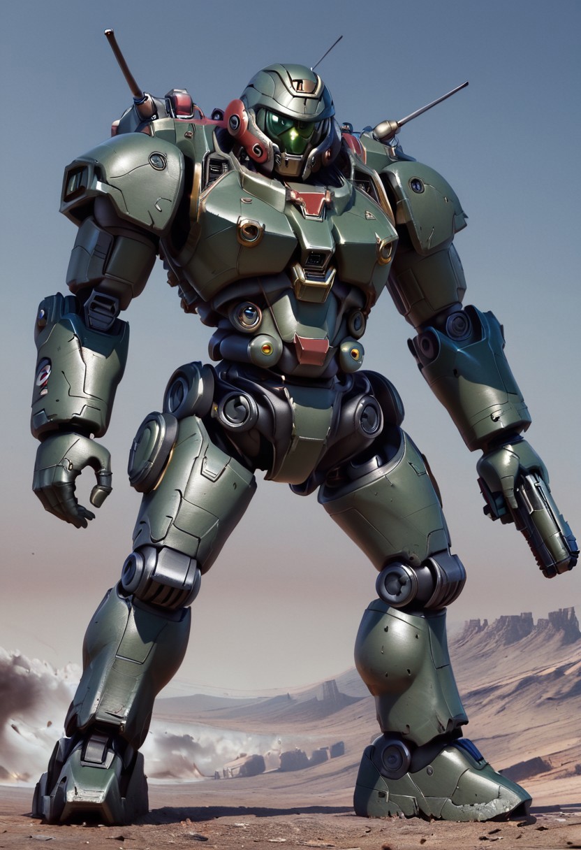 battletech, battlemech, gundam, robotech, bipedal robot, olive green armor with markings, large guns