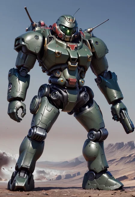 battletech, battlemech, gundam, robotech, bipedal robot, olive green armor with markings, large guns