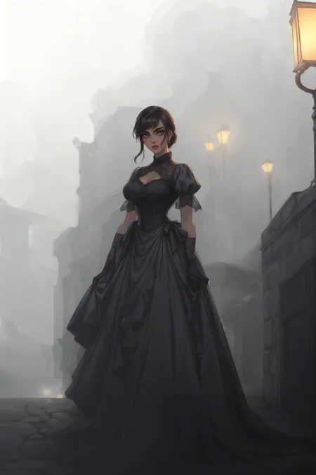 (full body:1.1), 1girl, vintage dress, standing on a Victorian-era street, looking at the viewer, gas street lamps, ((best quality, masterpiece, extreme details):1.2) ((detailed eyes, detailed face):1.2), <lora:add_detail:1> <lora:backlight_slider_v10:-2> <lora:eye_size_slider_v1:2> <lora:eyebrows_slider_v2:3> <lora:age_slider_v2:3>