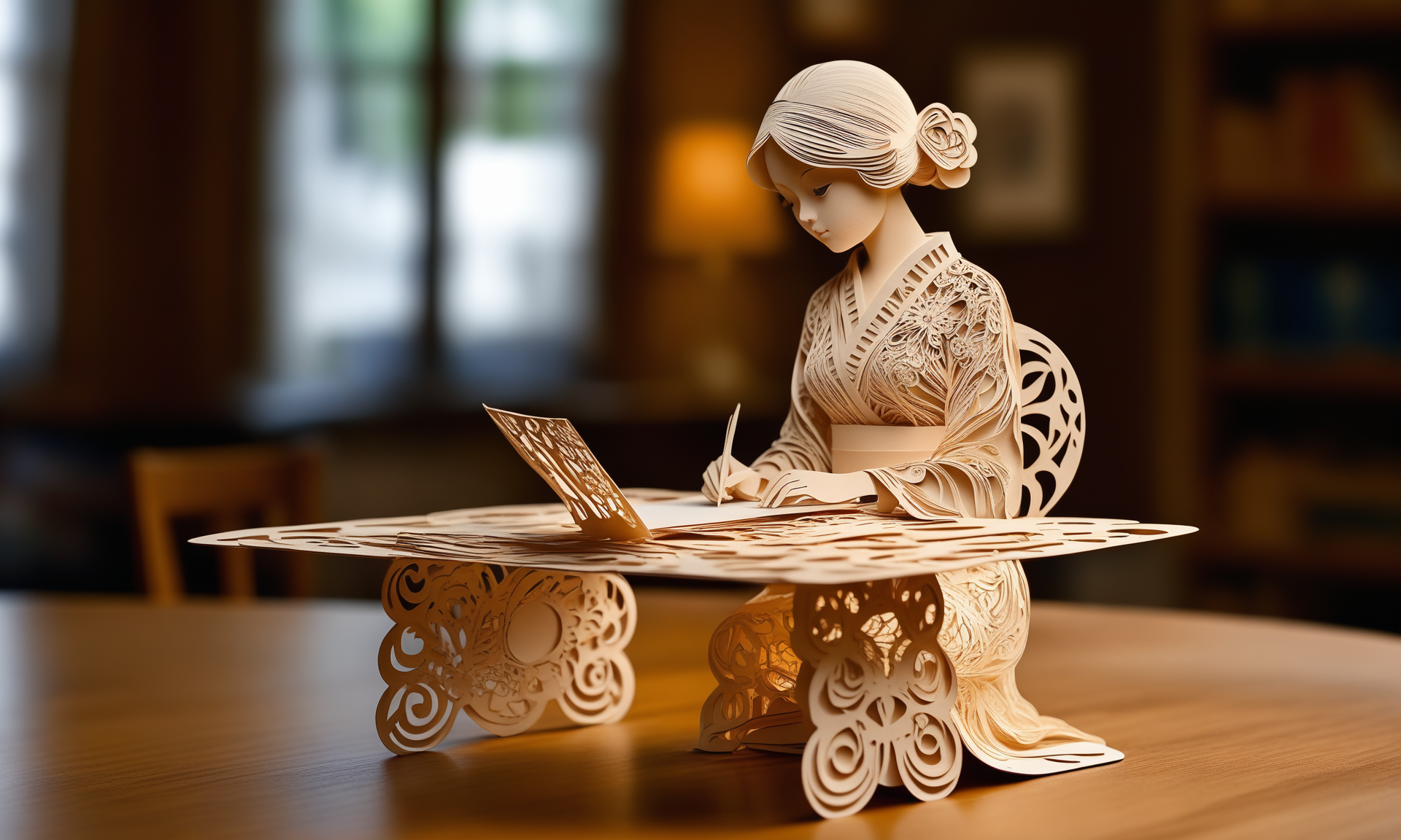 Kirigami representation of <lora:papercarvingcd_xl-000005:0.6>,a girl made of papercarvingcd_xl in office scene,full body,miniature,tilt-shift,indoors,wooden table,looking at viewer,front view,8K,HDR,UHD,masterpiece,best quality,highly detailed,high resolution,finely detail,extremely detailed,ultra detailed,wallpaper . 3D, paper folding, paper cutting, Japanese, intricate, symmetrical, precision, clean lines
