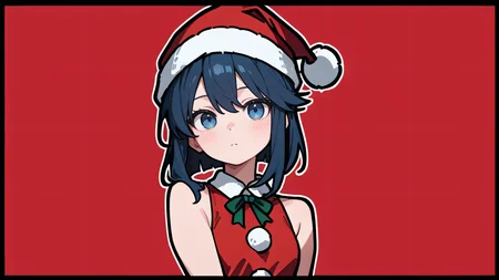 ,masterpiece,best quality,newest, <lora:Wallpaper_Girls:1.0> wallpaperstyle, 1girl, pretty girl, black border, black outline, christmas themed, santa hat, red background