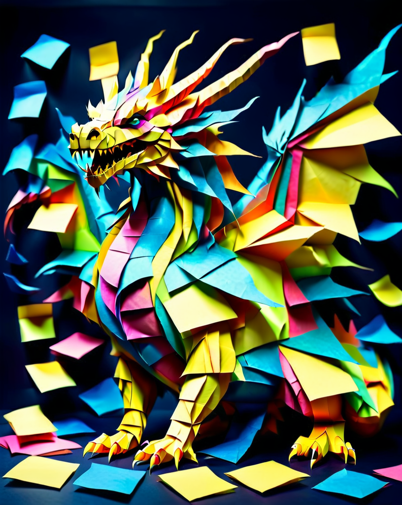 a massive colorful dragon made out of  Jed-StickyN, dynamic pose, fantasy, epic, BREAK, AND, set against a  background made of folded dark blue paper notes, ultra wide shot, zoomed out, side view, 
<lora:StickyNotesStyle:1>,  <lora:add-detail-xl:0.7>,  <lora:sd_xl_dpo_lora_v1:1>, <lora:xl_more_art-full_v1:0.3>,  <lora:SDXLFaeTastic2400:0.4>