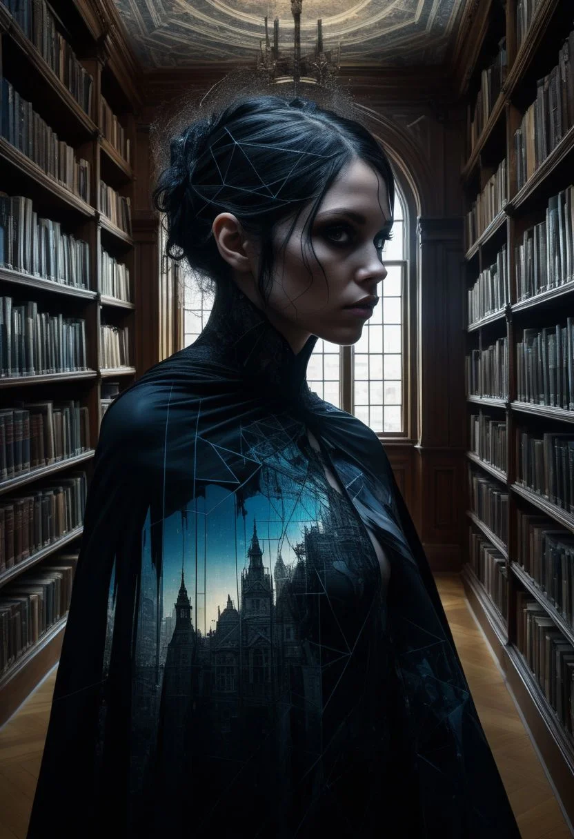 mysterious silhouette goth woman in cape, library, goddess, alluring, by Minjae Lee, Carne Griffiths, Emily Kell, Steve McCurry, Geoffroy Thoorens, Aaron Horkey, Jordan Grimmer, Greg Rutkowski, amazing depth, double exposure, surreal, geometric patterns, intricately detailed, bokeh, perfect balanced, deep fine borders, artistic photorealism , smooth, great masterwork by head of prompt engineering <lora:add-detail-xl:2> <lora:Double_Exposure:0.5>