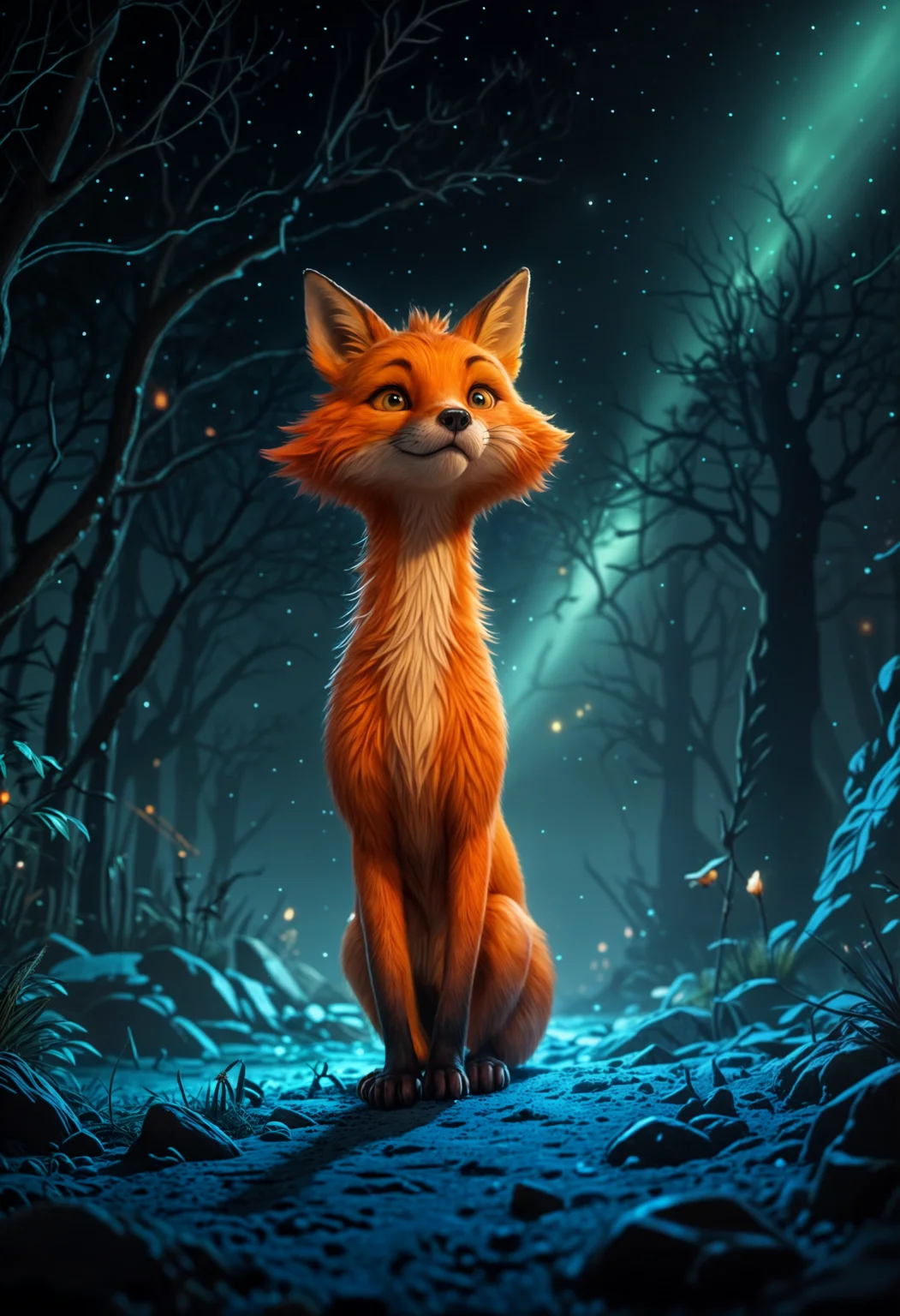thin elongated fox, disproportionately massive head, balanced atop shattered planet fragment, drifting through cosmos, glowing blue cornflowers sprouting from celestial debris, bristly orange fur illuminated by distant stars, deep twilight space background, aurora-like wisps, huge haunting amber eyes containing entire solar systems, digital painting, dramatic brushstrokes, Tim Burton inspired, dark whimsical art style, fantasy illustration, surreal, cosmic, ethereal, detailed fur texture, dramatic lighting, starlight reflections, fantastical, dreamlike quality, otherworldly, high detail, vibrant colors