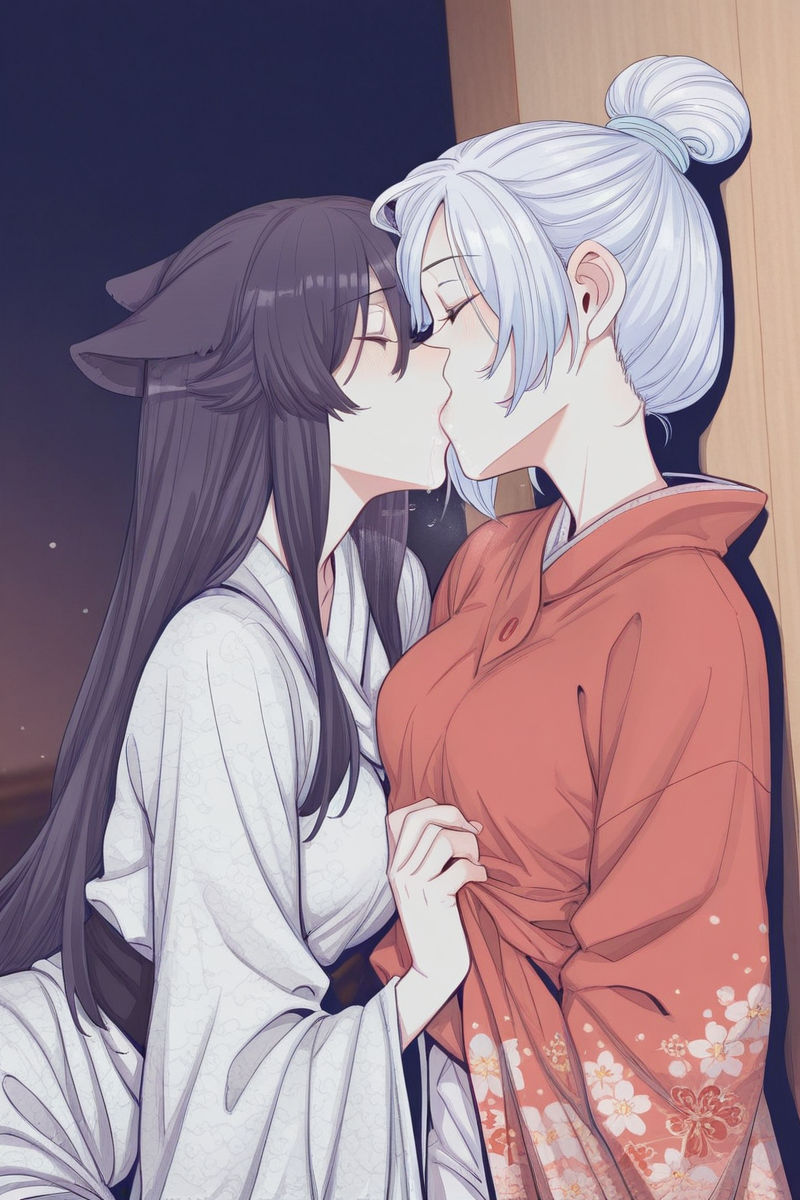 masterpiece, best quality, amazing quality,
 <lora:Girltrap_IL:1> strgrltrp, multiple girls, 2girls, yuri, kiss, closed eyes, animal ears, japanese clothes, hair bun, single hair bun, kimono, long hair, black hair, white hair