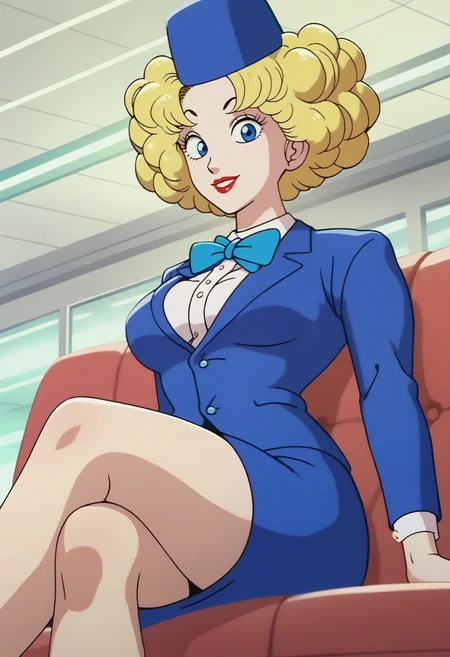 score_9, score_8_up, score_7_up, score_6_up, anime screencap, anime coloring, <lora:DBExtraGirl13:0.9>, DBExtraGirl13FFA, blonde hair, blue eyes, attendant hat, lipstick, curly hair, breasts,
blue jacket, white shirt, light blue bowtie, pencil skirt, blue skirt,
crossed legs, sitting, looking at viewer, smile, from below, 
BREAK indoors, airport, couch,