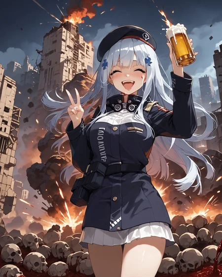 rating_safe, <lora:hk416.pony:1> hk416, def, beret, (covered in blood:1.4), solo, holding beer bottle, drunk, laughing, heavy blush, <lora:ahebomb_pony:0.7>  explosions, smoke, ruined buildings, burning city ruins background, explosions and flames everywhere in background, explosions, more explosions, more fire, through the fire and flames by dragonforce, fire and explosions covering whole background, get down mr president its another explosion,  death and destruction everywhere, <lora:Expressive_H:1> Expressiveh,
