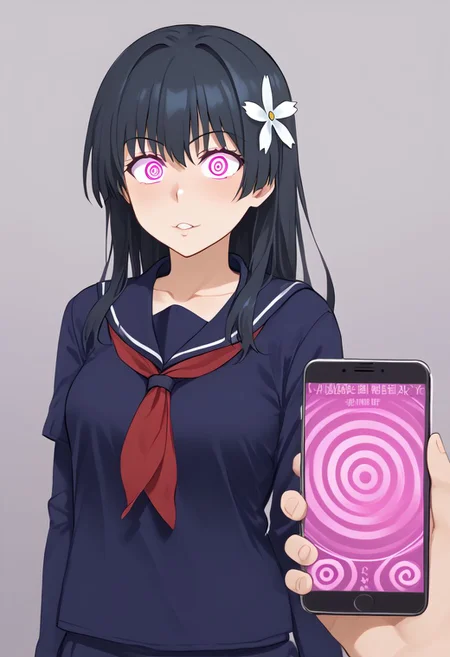 Saten hypnotized by a phone,
score_9, source anime, lewd, 1girl,
mind control, hypnotized, lovestruck expression, hypnosis app, phone,
(stripping), clothes off, (undressing), (partial nudity), bra, dynamic pose, taking shirt off,
saten ruiko, hair flower, serafuku, red neckerchief, small meduim breasts,
