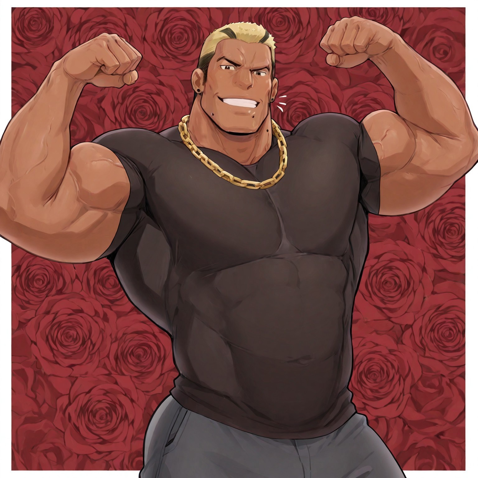 masterpiece, best quality, newest, absurdres, highres, Diz_D00dz, white borders around characters, soft light, BREAK, 1man, 1boy, Kotaru. brown skin tone, thick eyebrows, strong jaw, black stud earring, double color hair, facial hair, side whiskers, {{beefy}}, {{muscular}}, {{large}}, looking at the viewer, smirk, black t shirt, tight t shirt, gold chain on the neck, flexing muscle, red roses on background, 