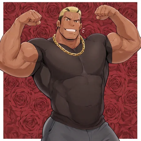 masterpiece, best quality, newest, absurdres, highres, Diz_D00dz, white borders around characters, soft light, BREAK, 1man, 1boy, Kotaru. brown skin tone, thick eyebrows, strong jaw, black stud earring, double color hair, facial hair, side whiskers, {{beefy}}, {{muscular}}, {{large}}, looking at the viewer, smirk, black t shirt, tight t shirt, gold chain on the neck, flexing muscle, red roses on background, 
