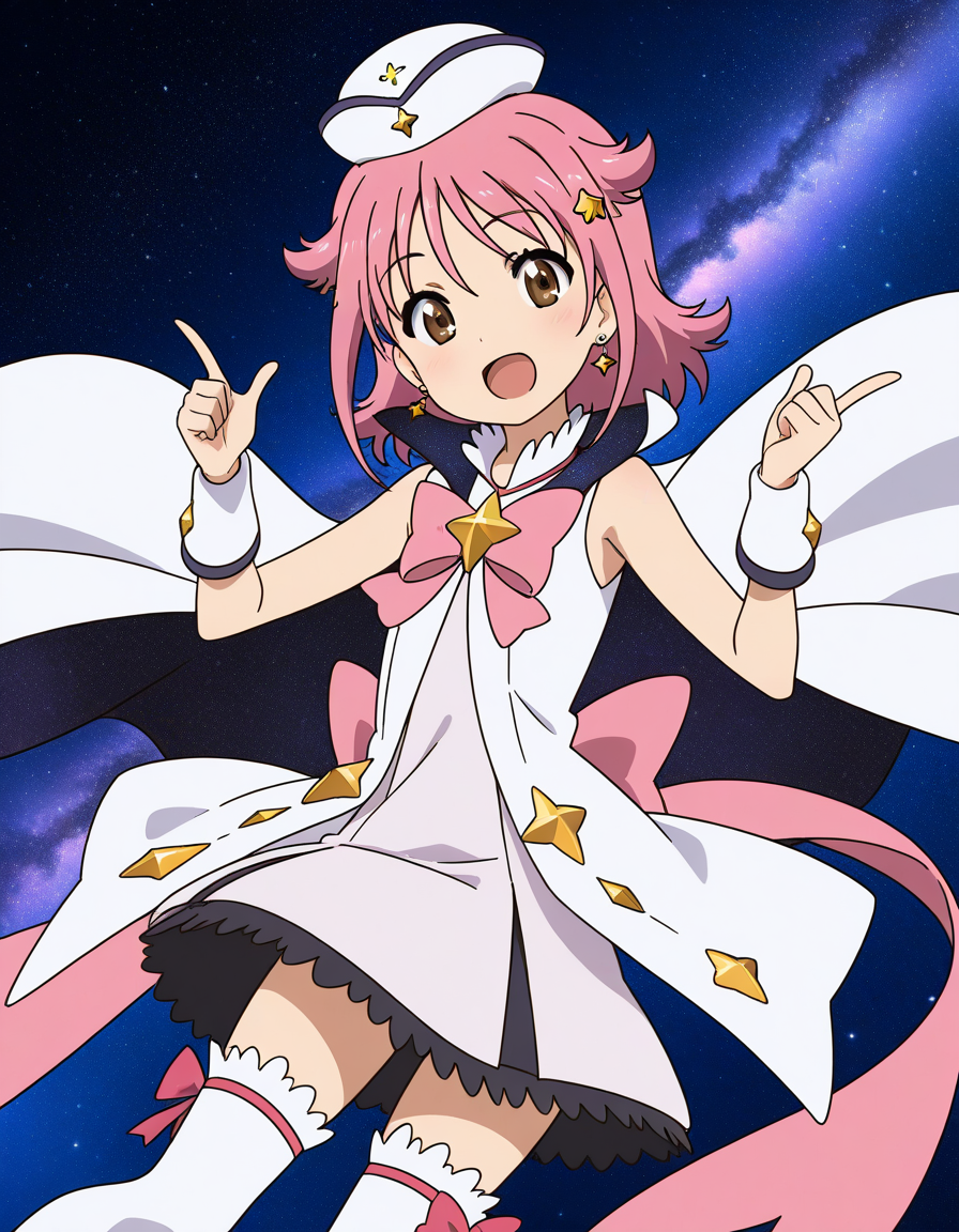 general,highres, ultra-detailed,very aesthetic,best quality ,best hands,  BREAK <lora:Subaru_Houkago_no_Pleiades_IS:1>subaru(Pleiades), 1girl, pink hair, short hair, brown eyes, star hair ornament, anime coloring,
 thighhighs, pink bow, hat, bow, solo, smile, jewelry, open mouth, earrings, star (symbol), space, dress, magical girl, :d, white thighhighs, cape, looking at viewer, star (sky), cosplay,