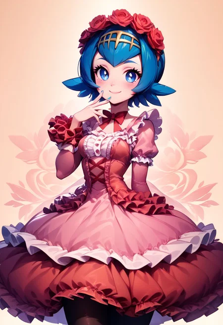 score_9, score_8_up, score_8, medium breasts, (curvy), cute, eyelashes,
BREAK,
zzLana, yellow hairpiece,
BREAK,
closed mouth, alternate costume, smile, nail polish, looking at viewer, hand up, blush,
zzLFashion, frilled dress, frills, bow, dress, pantyhose,
zPDXL,