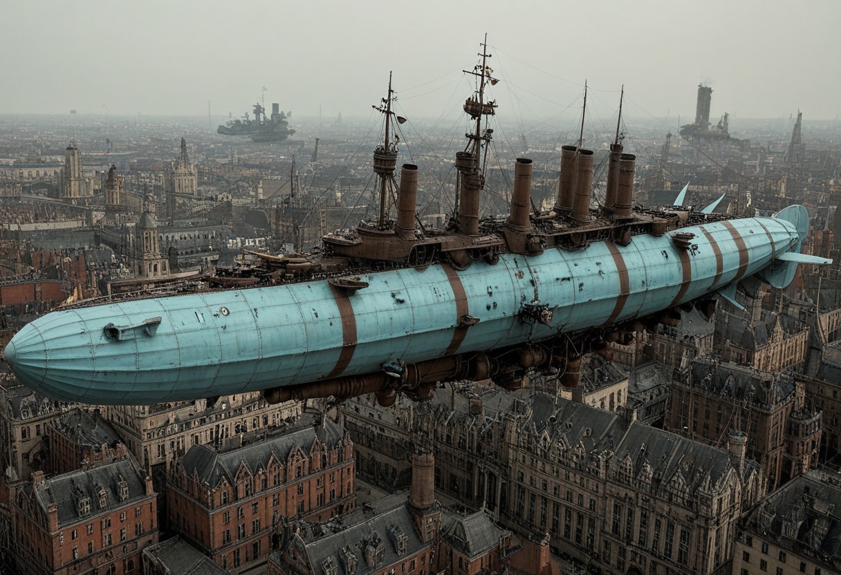masterpiece, best_quality, very_aesthetic, highres, absurdres, ultra detailed, airship,  battleship, steampunk, Victorian, 
flying over Victorian city,
 airship, vehicle focus, no humans, military vehicle, military, science fiction, aircraft flying, radio antenna, cannon, machinery,rocket launcher,
dark iron, (light blue vehicle), 
spiral, pipe ,rivets, ,wire,