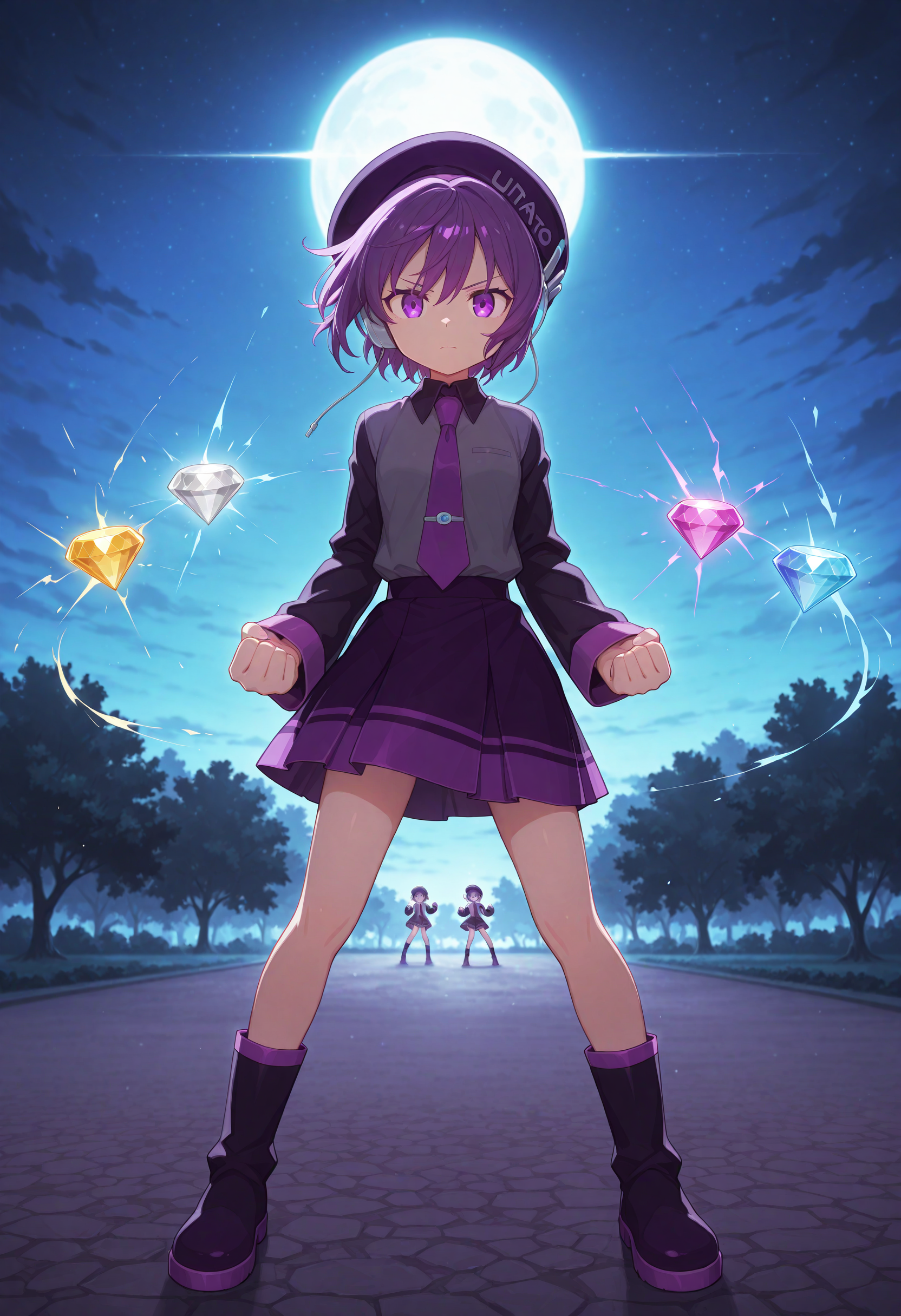<lora:defoko_Illustrious_Mlaofmd-10:1.0>, <lora:surroundedChaosEmeralds_Illustrious_Mlaofmd-10:1.4>, masterpiece, best quality, high quality, depth of field, ambient silhouette, backlighting, 1girl, defoko, purple hair, purple beret, purple eyes, grey headset, grey shirt, black sleeves, purple necktie, purple skirt, purple boots, park, night, looking at viewer, serious, clenched hands, fight stance, chaos emeralds, surrounded, surrounded by chaos emeralds, gemstones