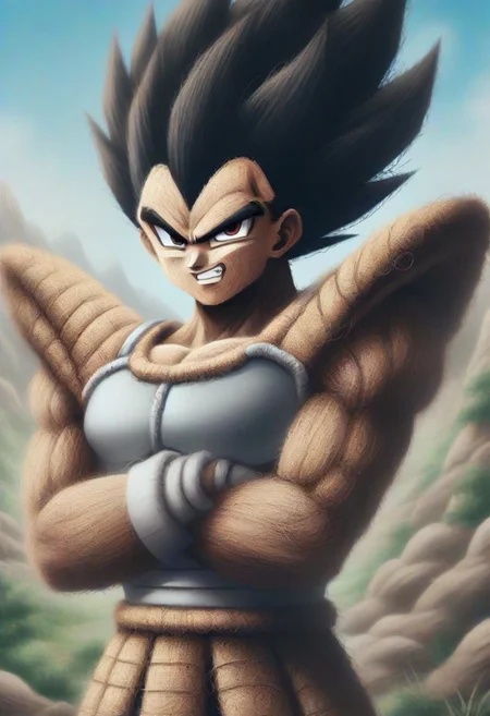 source_anime, pamcocomat, 1boy, vegeta, pamcocomat saiyan armor, upper body, crossed arms, looking at viewer, outdoors,spiky hair, black hair, Dragon Ball Z, angry, teeth, best quality, detailed face, detailed eyes