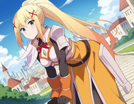 score_9, score_8_up, score_7_up, source_anime,
lalatinadustinessford, <lora:lalatina-dustiness-ford-s2-ponyxl-lora-nochekaiser:1>,
darkness \(konosuba\), long hair, green eyes, blonde hair, hair ornament, ponytail, braid, x hair ornament,
gloves, armor, bodysuit, shoulder armor, armored dress,
outdoors, cityscape, bent over,
looking at viewer, dutch angle, cowboy shot,