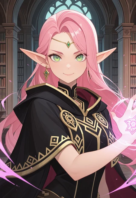 masterpiece, best quality, amazing quality, <lora:afkArenaIllustrious:1>
afkarenastyle,
1girl, female elf, solo, casting spell, dynamic pose,  magic aura, magic effects, portrait, female focus, pink hair, green eyes, slim, long hair, hair swept to one side, light skin, smile, looking at viewer, outdoors, beautiful, black cloak with gold trimming, earrings, indoors, arcane library