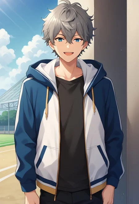 score_9, score_8_up, score_7_up, source_anime, highly detailed,
izumisena, 1boy, male focus, solo, grey hair, jacket, blue eyes, smile, shirt, looking at viewer, hood, open mouth, pants, hair between eyes, open clothes, open jacket,
black shirt, hoodie, short hair, track jacket, track suit, upper body.
outdoor, sky